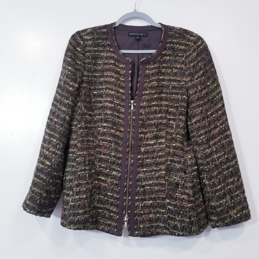 Lafayette New York 148 Academia Wool Blend Tweed Blazer Front Zipper